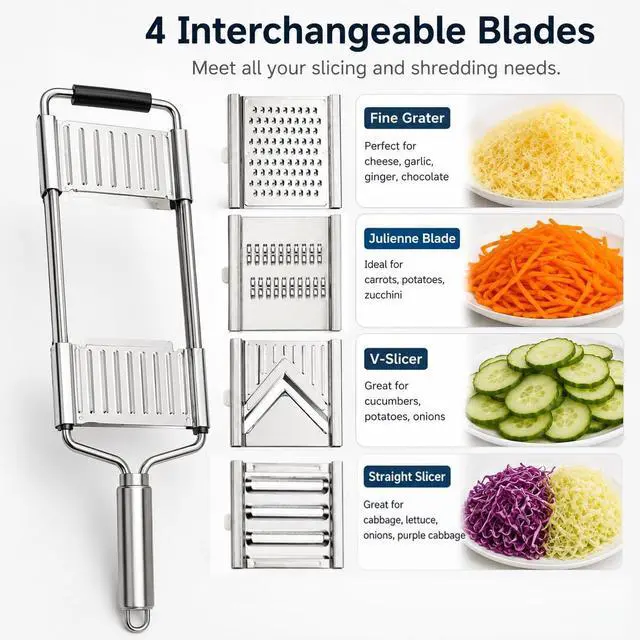 Alt view image 2 of 7 - 4-in-1 Mandoline Slicer, Stainless Steel Vegetable Cutter for Kitchen | Cheese Grater,Julienne,Slicer&Shredder with Cleaning Brush, Dishwasher Compatible