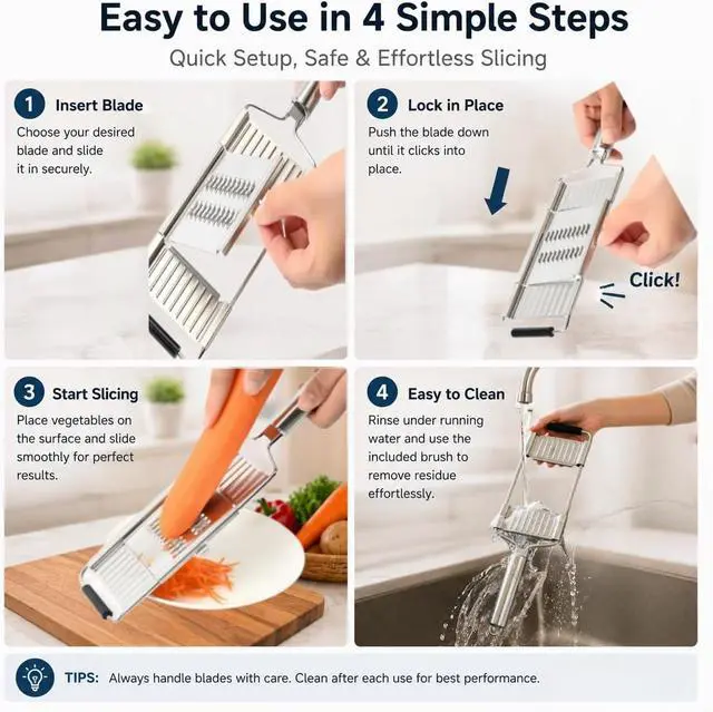 Alt view image 3 of 7 - 4-in-1 Mandoline Slicer, Stainless Steel Vegetable Cutter for Kitchen | Cheese Grater,Julienne,Slicer&Shredder with Cleaning Brush, Dishwasher Compatible