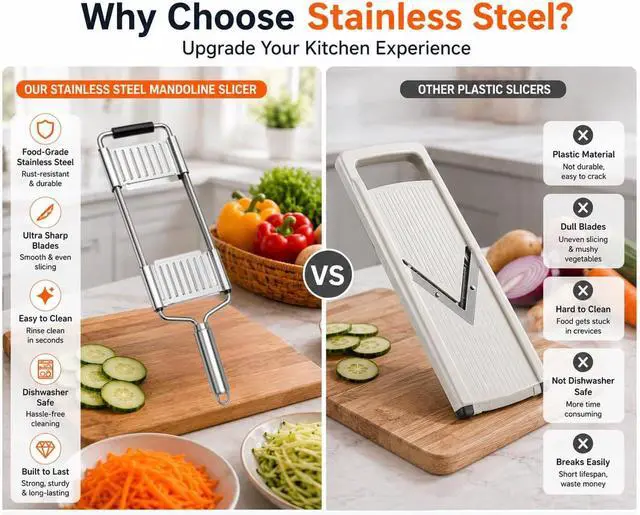 Alt view image 4 of 7 - 4-in-1 Mandoline Slicer, Stainless Steel Vegetable Cutter for Kitchen | Cheese Grater,Julienne,Slicer&Shredder with Cleaning Brush, Dishwasher Compatible