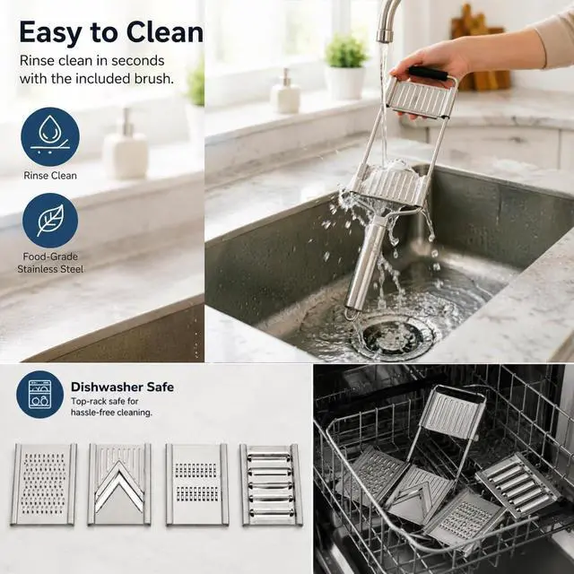 Alt view image 5 of 7 - 4-in-1 Mandoline Slicer, Stainless Steel Vegetable Cutter for Kitchen | Cheese Grater,Julienne,Slicer&Shredder with Cleaning Brush, Dishwasher Compatible