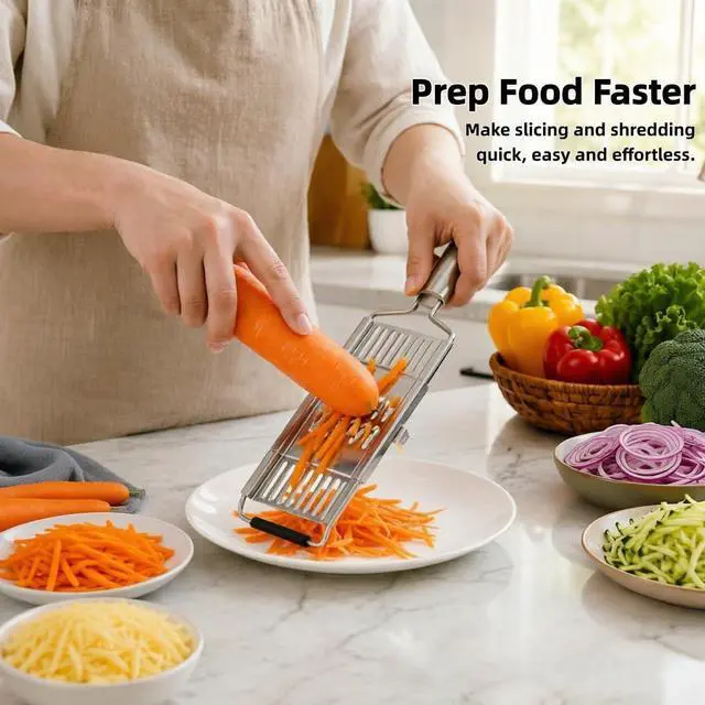 Alt view image 6 of 7 - 4-in-1 Mandoline Slicer, Stainless Steel Vegetable Cutter for Kitchen | Cheese Grater,Julienne,Slicer&Shredder with Cleaning Brush, Dishwasher Compatible