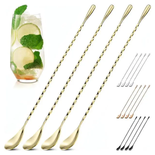 Main image of Gold Bar Spoon Set of 4, 12 Inch, Stainless Steel, Spiral-Pattern Stem | Gold Coffee Spoons; Rust-Resistant, Dishwasher Safe; for Cocktails, Smoothies, Iced Coffee, and Floats; Sugar Spoon