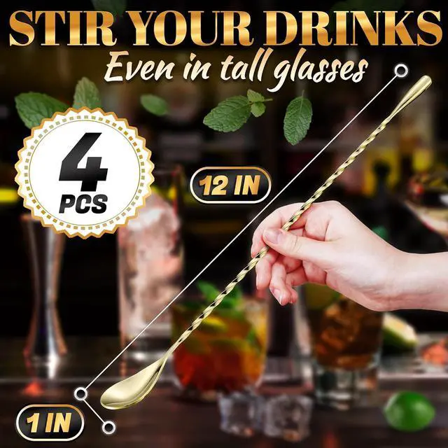 Alt view image 2 of 7 - Gold Bar Spoon Set of 4, 12 Inch, Stainless Steel, Spiral-Pattern Stem | Gold Coffee Spoons; Rust-Resistant, Dishwasher Safe; for Cocktails, Smoothies, Iced Coffee, and Floats; Sugar Spoon