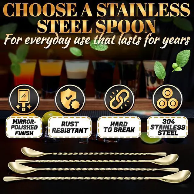 Alt view image 3 of 7 - Gold Bar Spoon Set of 4, 12 Inch, Stainless Steel, Spiral-Pattern Stem | Gold Coffee Spoons; Rust-Resistant, Dishwasher Safe; for Cocktails, Smoothies, Iced Coffee, and Floats; Sugar Spoon