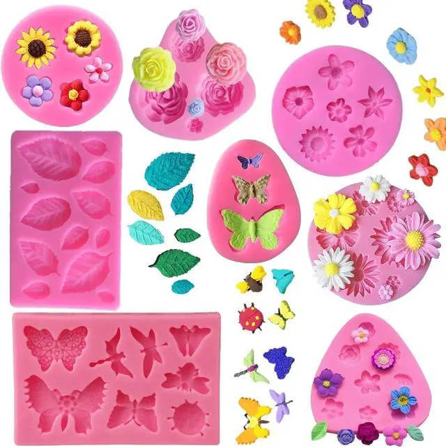 Main image of Silicone Cake Mold Set -8 Pcs, Rose Butterfly Daisy Rose Leaf and Mini Flowers Fondant Candy for Chocolate Polymer Clay Soap Crafting Projects Cake Decoration