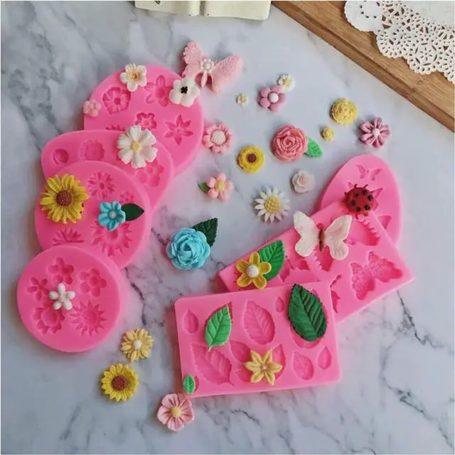 Alt view image 3 of 7 - Silicone Cake Mold Set -8 Pcs, Rose Butterfly Daisy Rose Leaf and Mini Flowers Fondant Candy for Chocolate Polymer Clay Soap Crafting Projects Cake Decoration