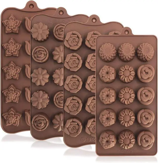 Main image of 4 Pack Flower Shape Silicone Molds Chocolate Candy Mold, DanziX Silicone Mold for Christmas,Wedding,Festival, Parties, DIY Enthusiasts-15 Cavity