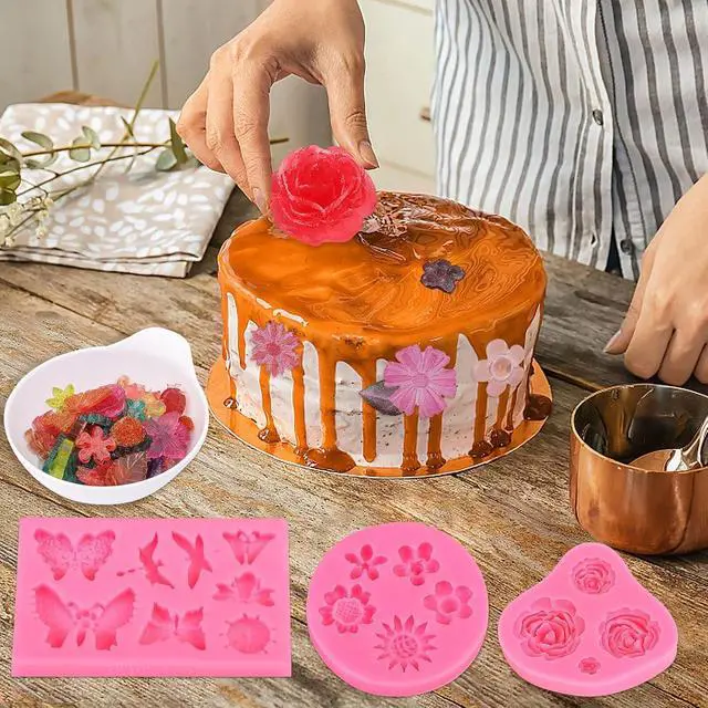 Alt view image 7 of 7 - Silicone Cake Mold Set -8 Pcs, Rose Butterfly Daisy Rose Leaf and Mini Flowers Fondant Candy for Chocolate Polymer Clay Soap Crafting Projects Cake Decoration