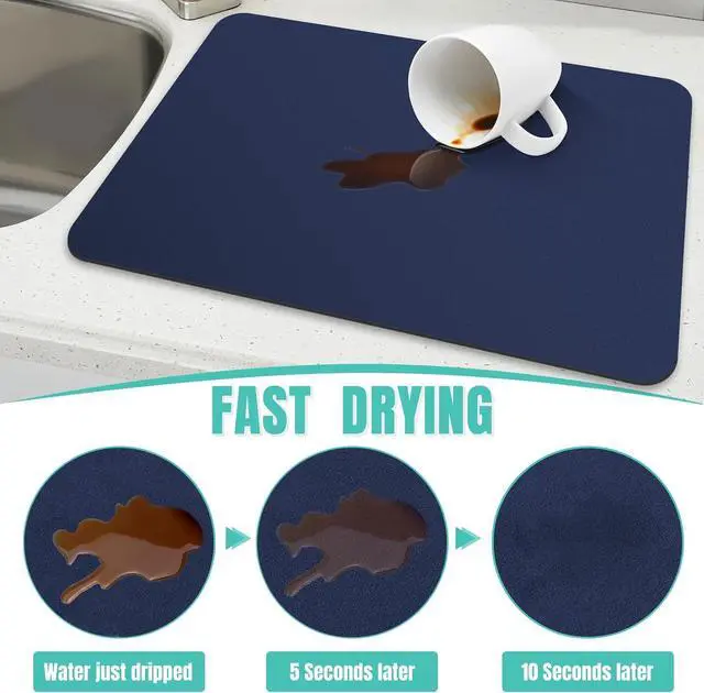 Alt view image 3 of 7 - Coffee Mat Super Absorbent Dish Drying Mat Coffee Bar Mat 12"x 19", Blue | Match with Coffee Machine Accessories Large Drying Mats for Kitchen Counter