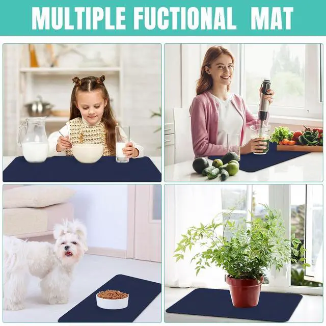 Alt view image 7 of 7 - Coffee Mat Super Absorbent Dish Drying Mat Coffee Bar Mat 12"x 19", Blue | Match with Coffee Machine Accessories Large Drying Mats for Kitchen Counter