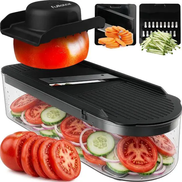 Main image of Fullstar Essential Mandoline Vegetable Slicer & Julienne Cutter | 2 in 1 Compact Fruit Cutter, Cucumber Slicer & Cheese Grater, with Stainless Steel Blades, Guard & 3-Cup Container (Black)