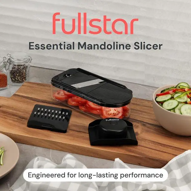 Alt view image 2 of 7 - Fullstar Essential Mandoline Vegetable Slicer & Julienne Cutter | 2 in 1 Compact Fruit Cutter, Cucumber Slicer & Cheese Grater, with Stainless Steel Blades, Guard & 3-Cup Container (Black)
