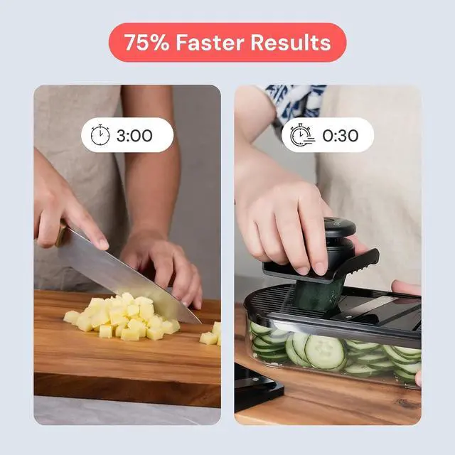 Alt view image 3 of 7 - Fullstar Essential Mandoline Vegetable Slicer & Julienne Cutter | 2 in 1 Compact Fruit Cutter, Cucumber Slicer & Cheese Grater, with Stainless Steel Blades, Guard & 3-Cup Container (Black)