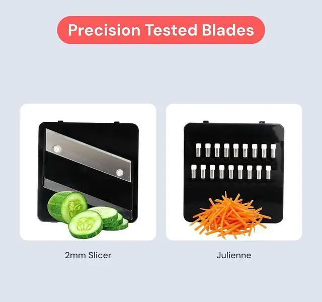 Alt view image 4 of 7 - Fullstar Essential Mandoline Vegetable Slicer & Julienne Cutter | 2 in 1 Compact Fruit Cutter, Cucumber Slicer & Cheese Grater, with Stainless Steel Blades, Guard & 3-Cup Container (Black)