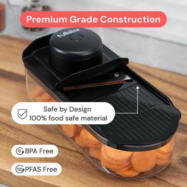 Alt view image 5 of 7 - Fullstar Essential Mandoline Vegetable Slicer & Julienne Cutter | 2 in 1 Compact Fruit Cutter, Cucumber Slicer & Cheese Grater, with Stainless Steel Blades, Guard & 3-Cup Container (Black)