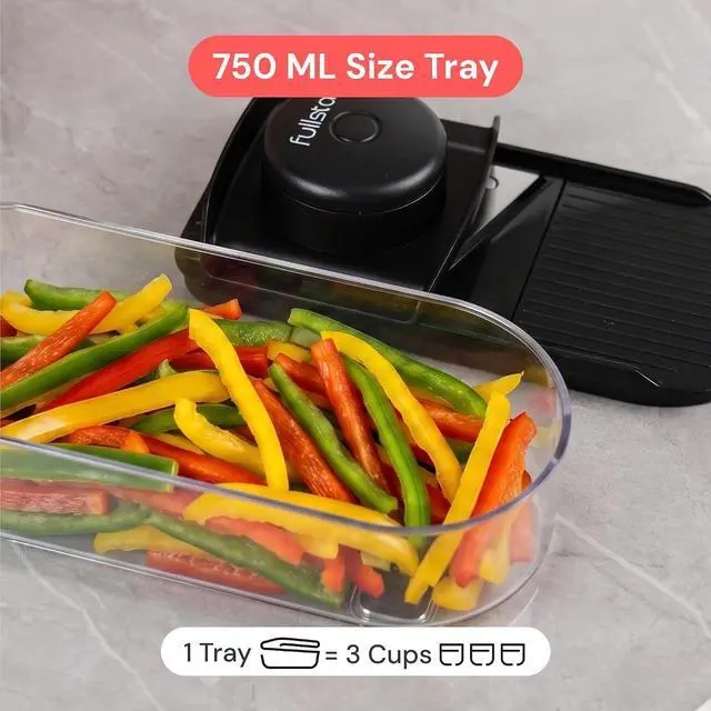Alt view image 6 of 7 - Fullstar Essential Mandoline Vegetable Slicer & Julienne Cutter | 2 in 1 Compact Fruit Cutter, Cucumber Slicer & Cheese Grater, with Stainless Steel Blades, Guard & 3-Cup Container (Black)