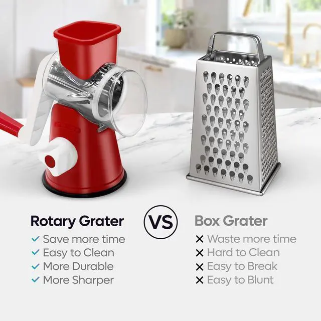 Alt view image 2 of 5 - Rotary Cheese Grater 3-in-1 Hand-Crank Vegetable Slicer with Strong Suction Base, Stainless Steel Drum for Cheese, Nuts & Vegetables Fast & Safe
