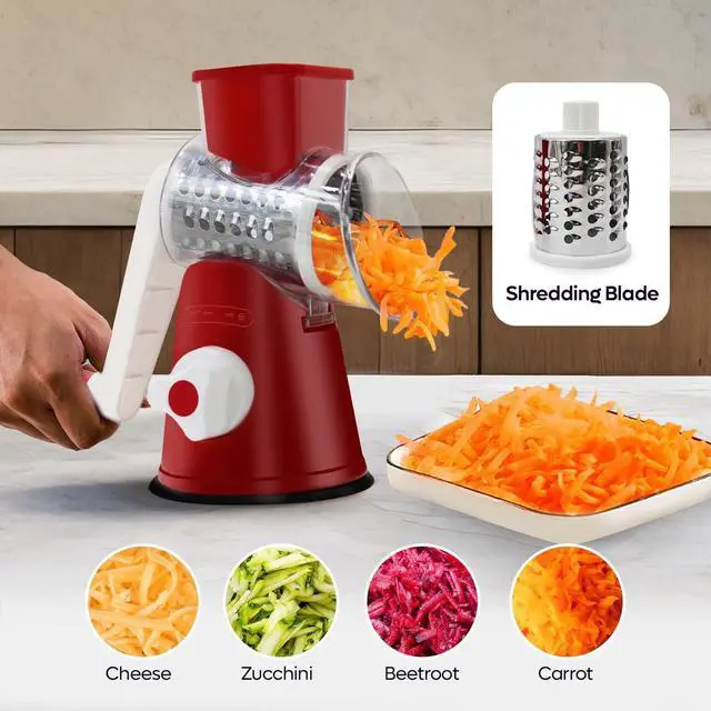 Alt view image 4 of 5 - Rotary Cheese Grater 3-in-1 Hand-Crank Vegetable Slicer with Strong Suction Base, Stainless Steel Drum for Cheese, Nuts & Vegetables Fast & Safe