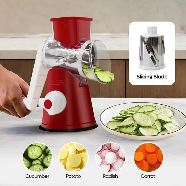 Alt view image 3 of 5 - Rotary Cheese Grater 3-in-1 Hand-Crank Vegetable Slicer with Strong Suction Base, Stainless Steel Drum for Cheese, Nuts & Vegetables Fast & Safe