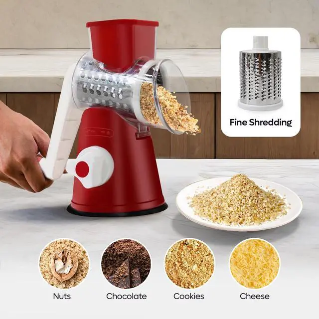 Alt view image 5 of 5 - Rotary Cheese Grater 3-in-1 Hand-Crank Vegetable Slicer with Strong Suction Base, Stainless Steel Drum for Cheese, Nuts & Vegetables Fast & Safe