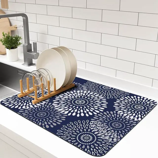 Main image of Dish Drying Mat Absorbent Kitchen Counter Mat Rubber Backing Draining Mat | Easy to Clean Kitchen Accessories Dish Rack Pad for Dishes, Utensils, Countertops, Sinks 15" x 18" Blue