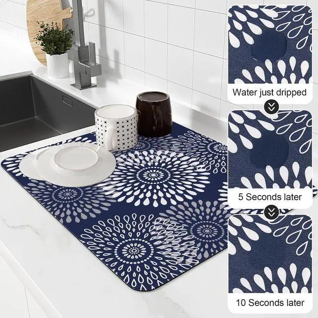 Alt view image 4 of 7 - Dish Drying Mat Absorbent Kitchen Counter Mat Rubber Backing Draining Mat | Easy to Clean Kitchen Accessories Dish Rack Pad for Dishes, Utensils, Countertops, Sinks 15" x 18" Blue