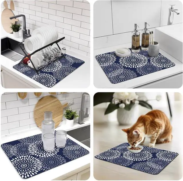 Alt view image 7 of 7 - Dish Drying Mat Absorbent Kitchen Counter Mat Rubber Backing Draining Mat | Easy to Clean Kitchen Accessories Dish Rack Pad for Dishes, Utensils, Countertops, Sinks 15" x 18" Blue