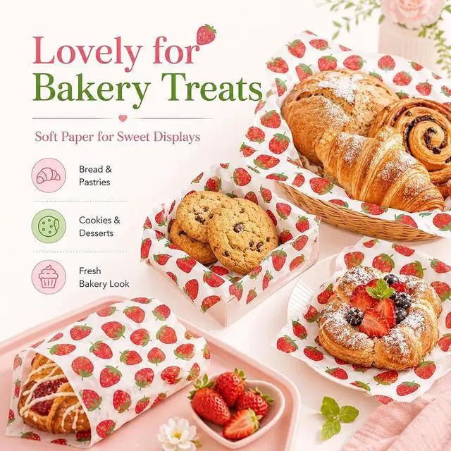 Alt view image 7 of 7 - 150 Sheets Strawberry Wax Paper for Food Deli, 9.8 x 8.3'' Preppy Strawberry Patterns Greaseproof Sandwich Wrapping Paper for Picnic Basket Liner Summer Birthday Party Supplies