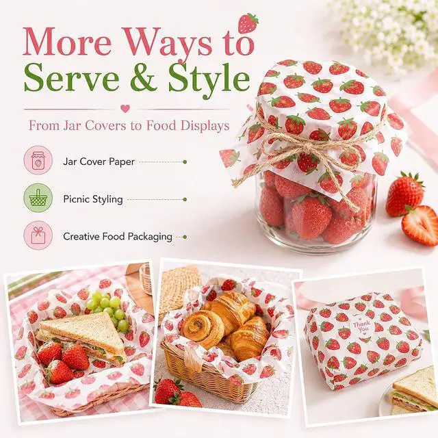 Alt view image 6 of 7 - 150 Sheets Strawberry Wax Paper for Food Deli, 9.8 x 8.3'' Preppy Strawberry Patterns Greaseproof Sandwich Wrapping Paper for Picnic Basket Liner Summer Birthday Party Supplies