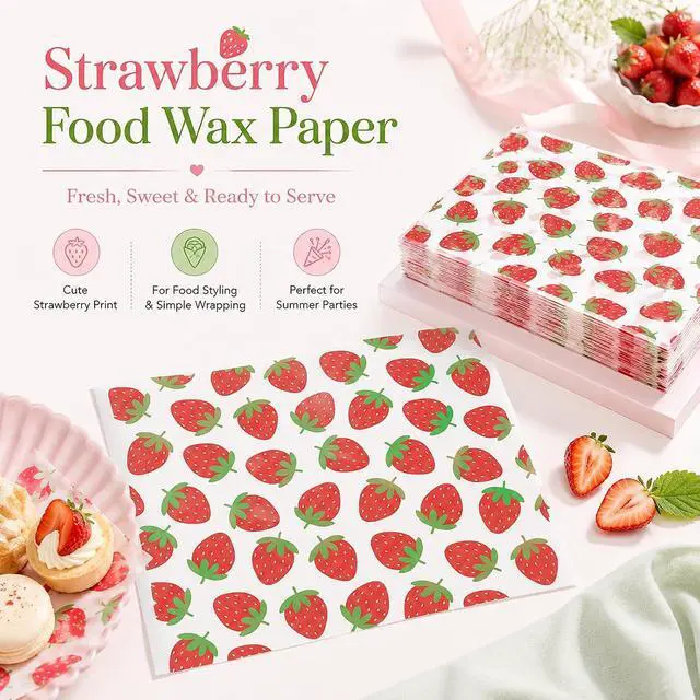 Alt view image 4 of 7 - 150 Sheets Strawberry Wax Paper for Food Deli, 9.8 x 8.3'' Preppy Strawberry Patterns Greaseproof Sandwich Wrapping Paper for Picnic Basket Liner Summer Birthday Party Supplies