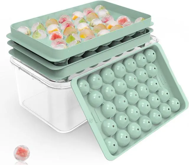 Main image of Round Ice Cube Trays with Lid and Bin (2-Pack) - Ice Trays for Freezer,BPA-Free Stackable Ice Ball Maker Mold for Freezer, Makes 62 Ice Balls for Cocktails, Whiskey, Coffee & Parties