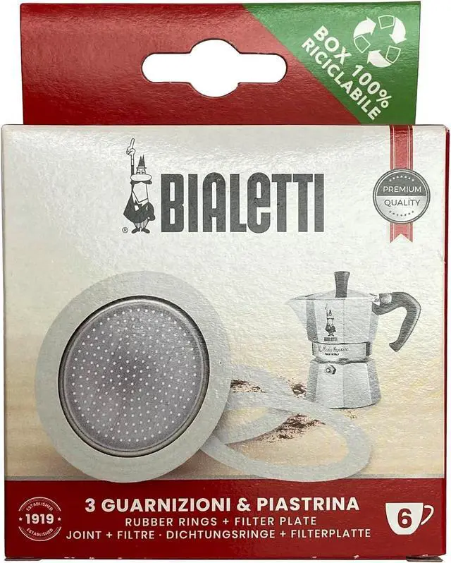 Main image of Bialetti 3 Replacement Seals and 1 Filter for 6 Cup Moka Express Blister Pack