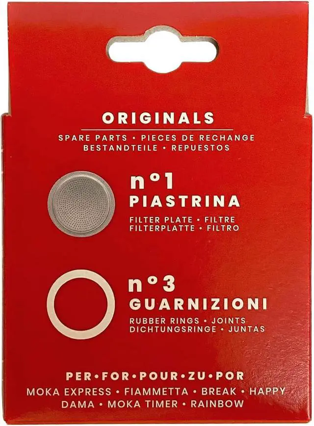 Alt view image 2 of 3 - Bialetti 3 Replacement Seals and 1 Filter for 6 Cup Moka Express Blister Pack