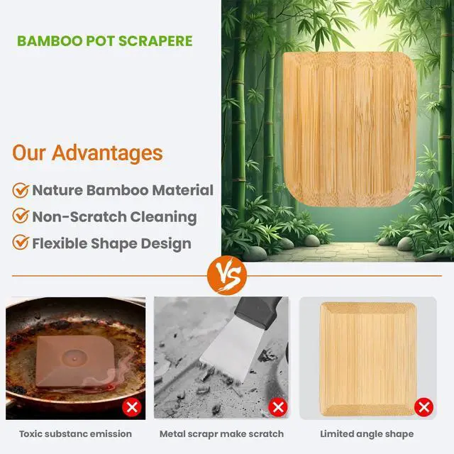 Alt view image 3 of 7 - Bamboo Pan & Pot Scraper Tool,6 Pcs Dish Scraper for Kitchen, | Size 2.8" x 2.4" Clean Pans, Dishes, Bowls, and Plates, Removes Food Effectively Without Scratching