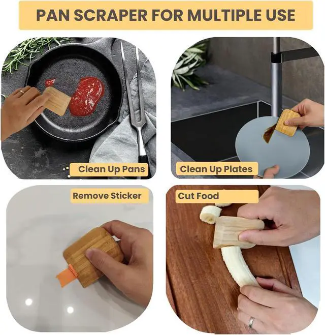 Alt view image 5 of 7 - Bamboo Pan & Pot Scraper Tool,6 Pcs Dish Scraper for Kitchen, | Size 2.8" x 2.4" Clean Pans, Dishes, Bowls, and Plates, Removes Food Effectively Without Scratching