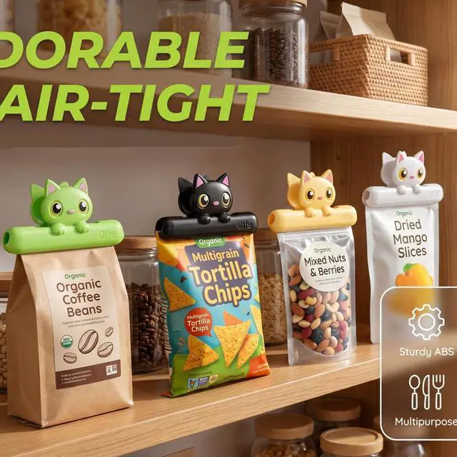 Alt view image 2 of 7 - Cute Chip Clips, Set of 4 Sealing Cat Bag Clips for Food | Fun Cat Shaped Chip Clip, Upgrade Wide Open Bag Clip for Food Storage and Kitchen Snacks, Fun Party Decorations