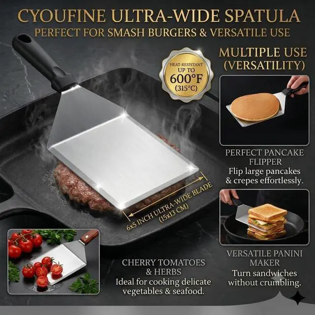 Alt view image 2 of 5 - Extra Wide Hamburger Spatula Turner, Large Metal Spatula Heavy Duty Stainless Steel Spatulas Turner Flipper Beveled Edges for Skillets, Grills, Pancake Flipper, Smash Burgers, 6 x 5" Blade