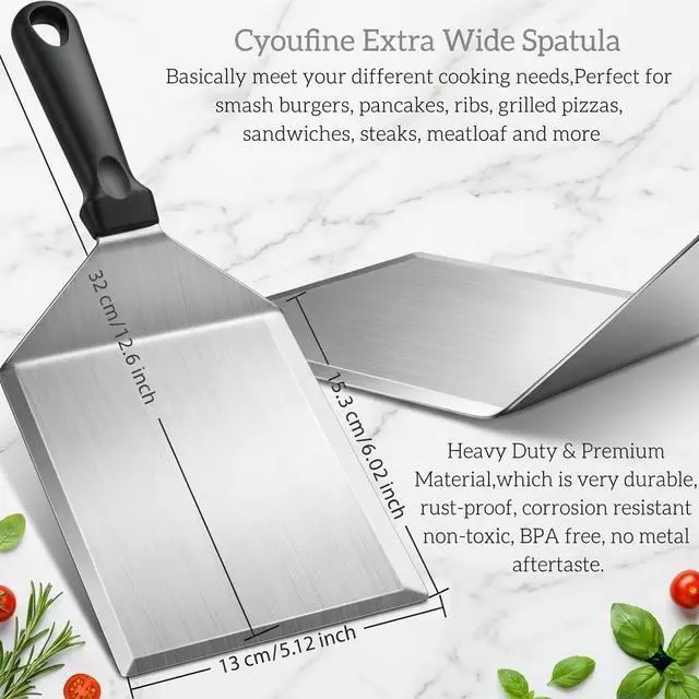 Alt view image 3 of 5 - Extra Wide Hamburger Spatula Turner, Large Metal Spatula Heavy Duty Stainless Steel Spatulas Turner Flipper Beveled Edges for Skillets, Grills, Pancake Flipper, Smash Burgers, 6 x 5" Blade