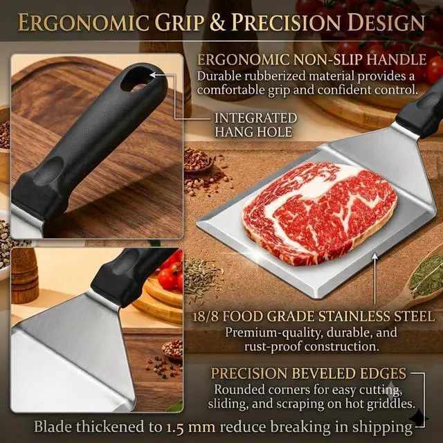 Alt view image 4 of 5 - Extra Wide Hamburger Spatula Turner, Large Metal Spatula Heavy Duty Stainless Steel Spatulas Turner Flipper Beveled Edges for Skillets, Grills, Pancake Flipper, Smash Burgers, 6 x 5" Blade