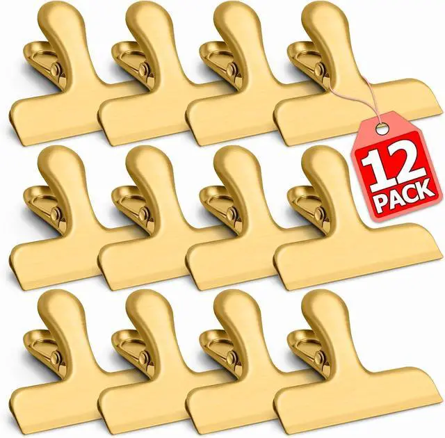 Main image of VNDUEEY 12 Pack Chip Clips, Stainless Steel Bag Clips for Food - Keep Snacks Fresh, Strong Grip Chip Clip Bag Clip, Perfect for Kitchen and Office Supplies -3 Inches, Gold