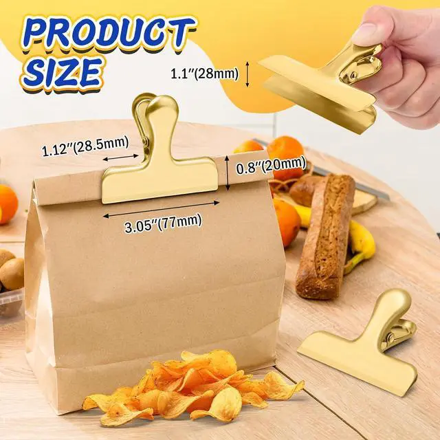 Alt view image 2 of 7 - VNDUEEY 12 Pack Chip Clips, Stainless Steel Bag Clips for Food - Keep Snacks Fresh, Strong Grip Chip Clip Bag Clip, Perfect for Kitchen and Office Supplies -3 Inches, Gold