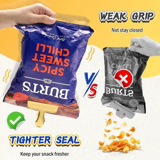 Alt view image 3 of 7 - VNDUEEY 12 Pack Chip Clips, Stainless Steel Bag Clips for Food - Keep Snacks Fresh, Strong Grip Chip Clip Bag Clip, Perfect for Kitchen and Office Supplies -3 Inches, Gold