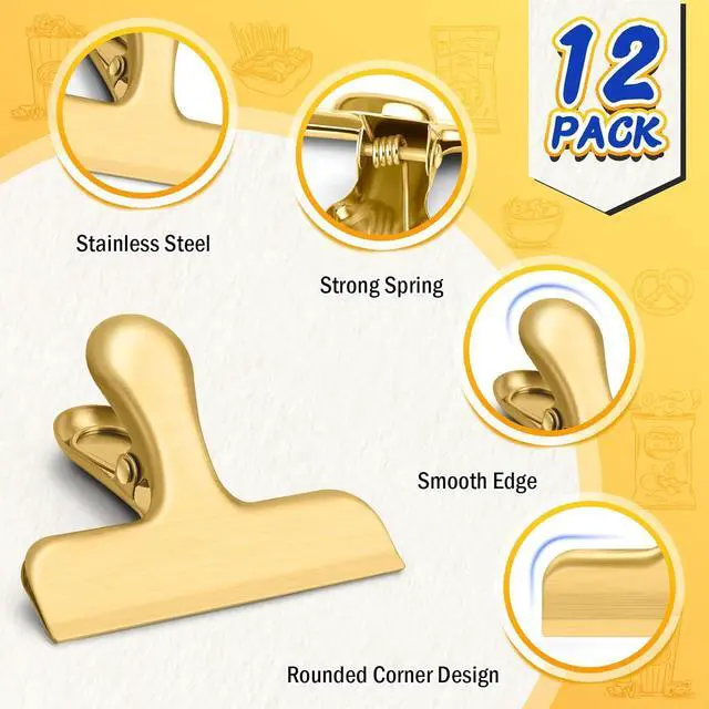 Alt view image 4 of 7 - VNDUEEY 12 Pack Chip Clips, Stainless Steel Bag Clips for Food - Keep Snacks Fresh, Strong Grip Chip Clip Bag Clip, Perfect for Kitchen and Office Supplies -3 Inches, Gold