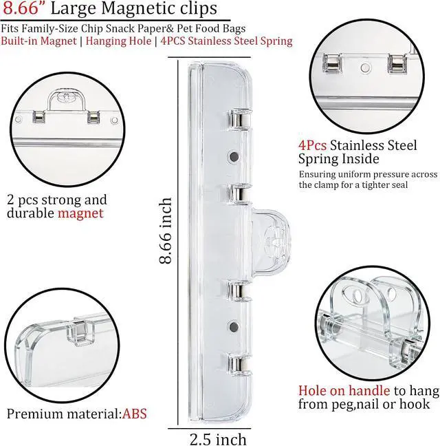 Alt view image 2 of 6 - Food Bag Clips with Magnetic, Extra Large Heavy Duty Airtight Sealing | for Chip Bags, Snacks, Pet Food Keep Fresh, Kitchen Storage Organization, Paper Clamps for Fridge, 8.66",2Pcs Transparent