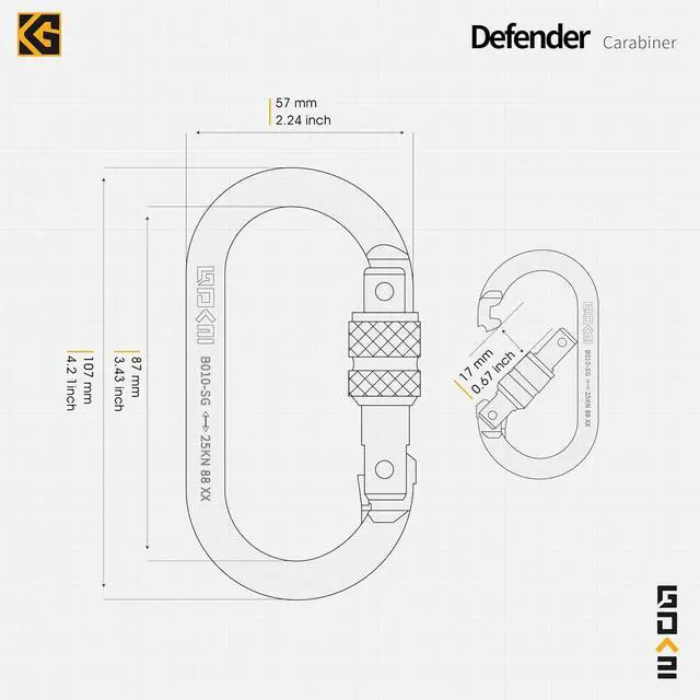 Alt view image 2 of 6 - Defender CE Certified 25kN Screwgate Locking Carabiner in Size 4.21 x 2.24 inch, Heavy-Duty Carabiners for Climbing, Rappelling, and Mountaineering, Carbon Steel, Midnight Black, 1 Pack