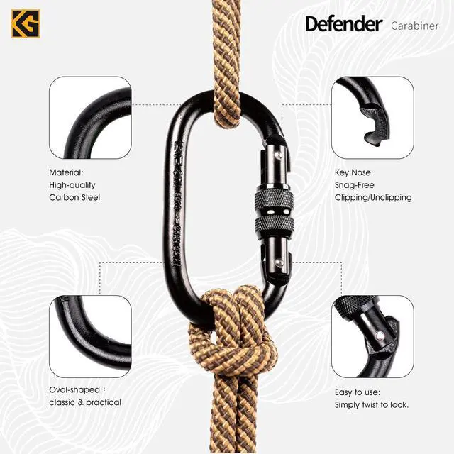 Alt view image 4 of 6 - Defender CE Certified 25kN Screwgate Locking Carabiner in Size 4.21 x 2.24 inch, Heavy-Duty Carabiners for Climbing, Rappelling, and Mountaineering, Carbon Steel, Midnight Black, 1 Pack
