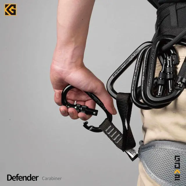 Alt view image 6 of 6 - Defender CE Certified 25kN Screwgate Locking Carabiner in Size 4.21 x 2.24 inch, Heavy-Duty Carabiners for Climbing, Rappelling, and Mountaineering, Carbon Steel, Midnight Black, 1 Pack