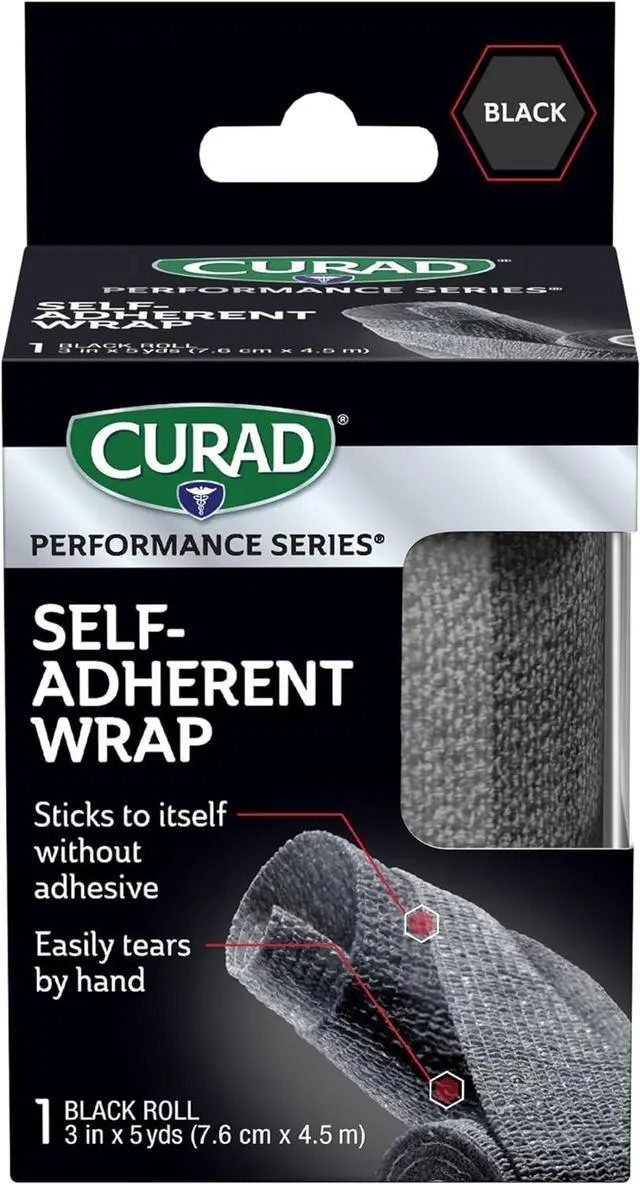Main image of CURAD Performance Series Self-Adherent Athletic Wrap, Black, 3 inches x 5 yards, Compression Support for Sports Injuries, Joint Stability, and Muscle Recovery