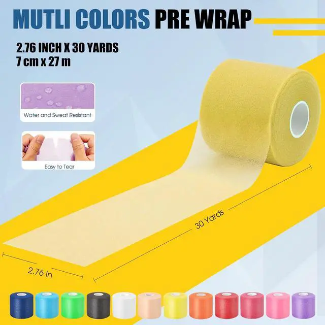 Alt view image 2 of 7 - Pre Wrap Athletic Tape 3 Pack, 2.76 Inch x 30 Yards Foam Underwrap, Yellow | Athletic Tape Sports Pre Wrap Cushion Support for Ankle, Wrist, Knee, Elbow, Hair, Soccer