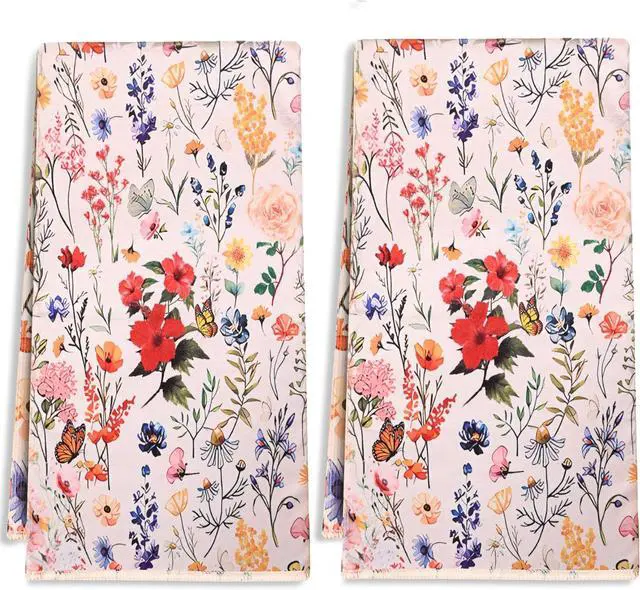 Main image of Spring Floral Kitchen Towels Set of 2 16x24 Inch Decorative Farmhouse Dish Towels with Hanging Loop, Vintage Watercolor Flower Tea Towels for Kitchen, Bathroom & Baking